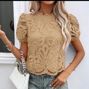 Shein Frenchy Guipure Lace Puff Sleeve Blouse